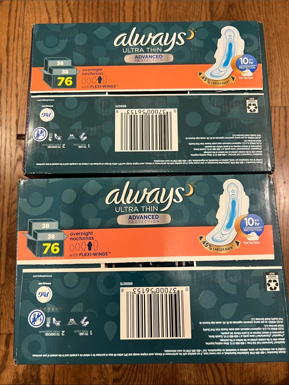 Always Ultra Thin Overnight Pads Bundle 2 Pack 76 Count Each New Sealed